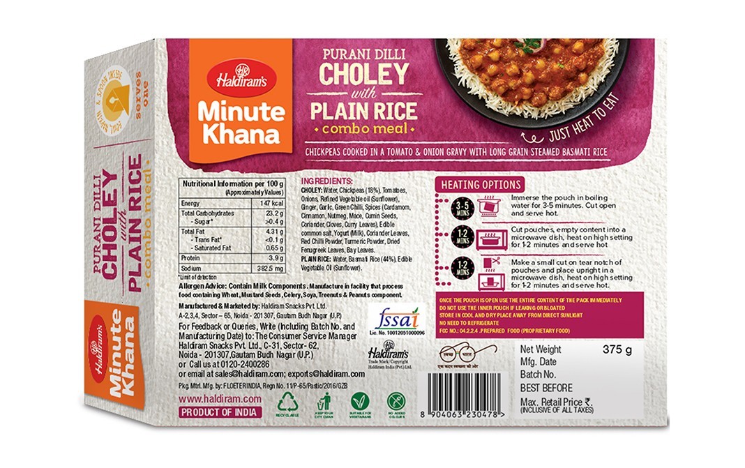 Haldiram's Minute Khana Purani Dilli Choley With Plain Rice Combo Meal   Box  375 grams
